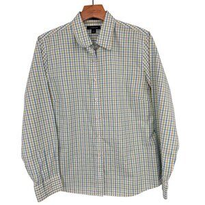 Lands End Womens pinpoint Oxford no iron Plaid Shirt Size 12 Cotton blend